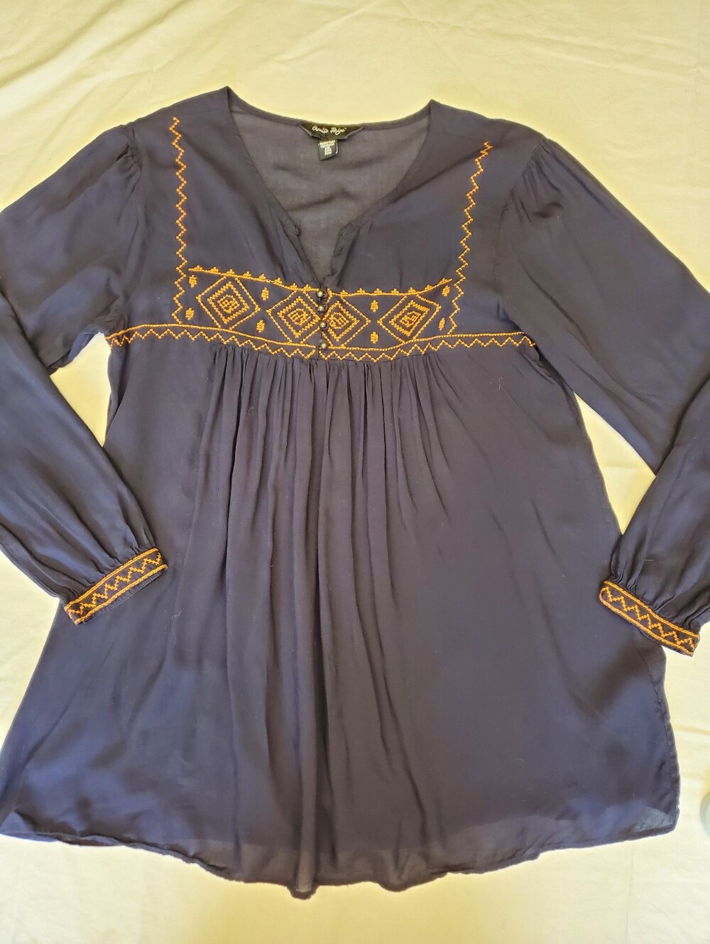 Charlie Paige Navy Boho Peasant Tunic Top Orange Embroidered Babydoll S/M